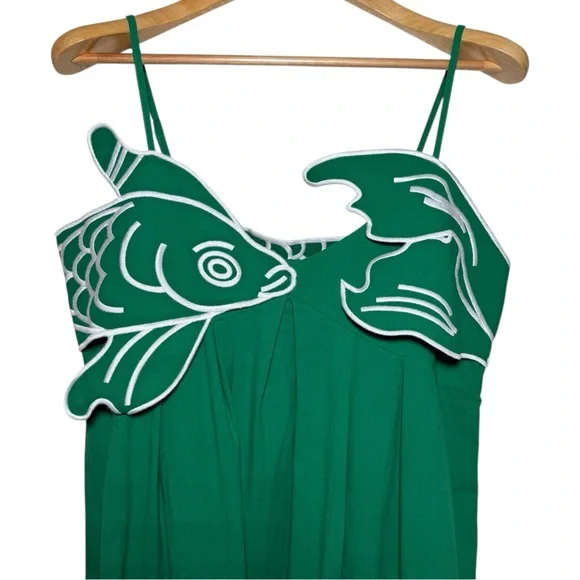 Commense Green Koi Fish Appliqué Midi Dress NWT XL Cotton Farm Rio Inspired - Picture 2 of 8